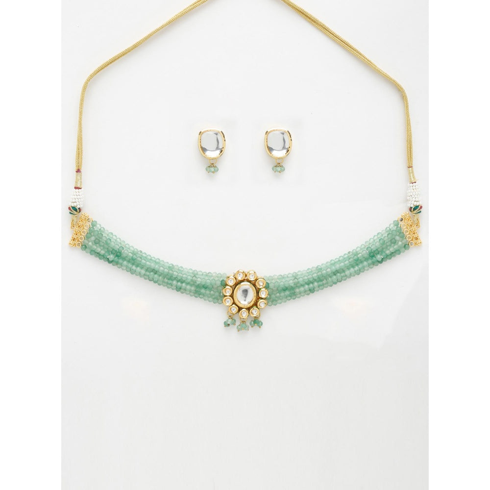 RUBY RAANG STUDIO Gold-Toned Green Faux Kundan-Studded Faux Pearl Beaded Meenakari Jewellery Set