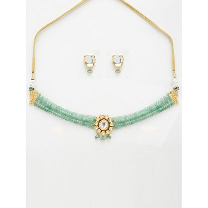 RUBY RAANG STUDIO Gold-Toned Green Faux Kundan-Studded Faux Pearl Beaded Meenakari Jewellery Set