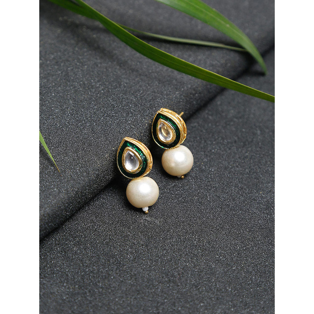 RUBY RAANG STUDIO Gold-Plated Cream Coloured Teardrop Shaped Kundan Studded Studs Earrings
