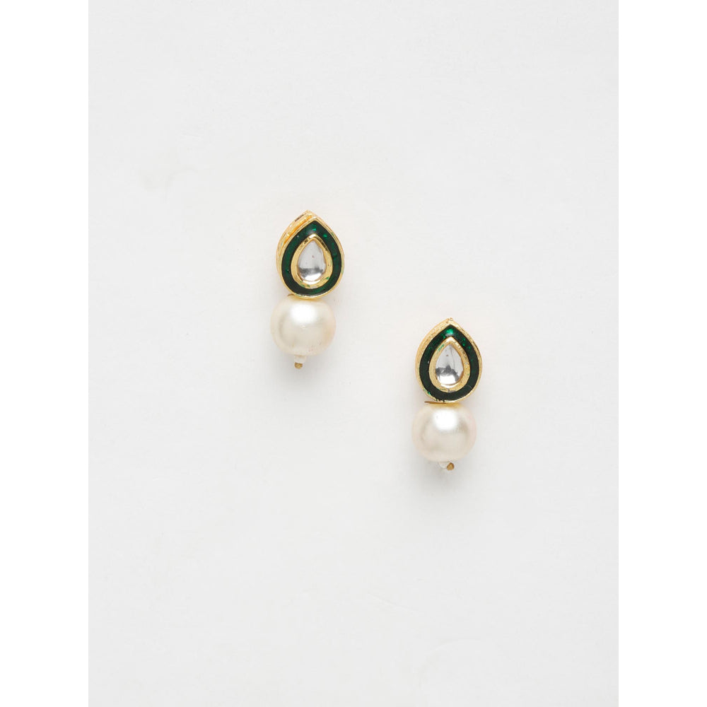 RUBY RAANG STUDIO Gold-Plated Cream Coloured Teardrop Shaped Kundan Studded Studs Earrings