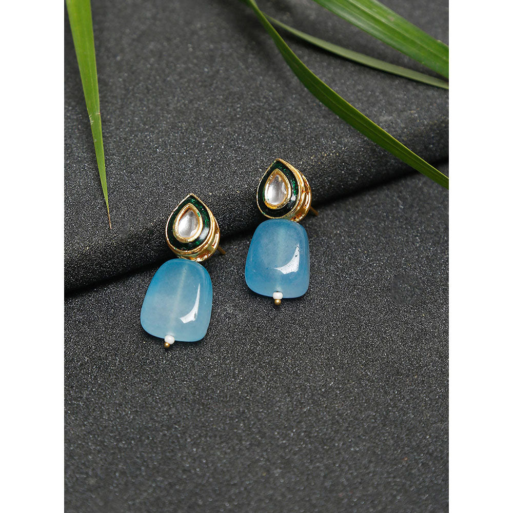 RUBY RAANG STUDIO Gold-Toned Blue Beaded Kundan Studded Contemporary Drop Earrings