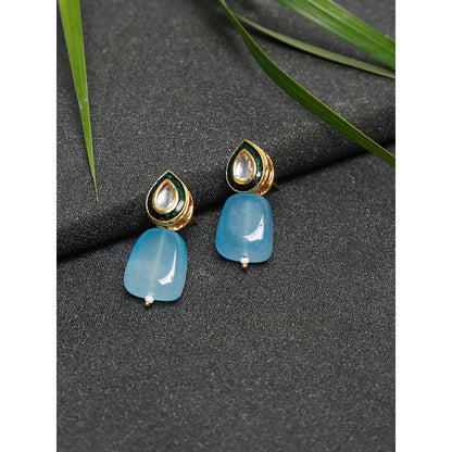 RUBY RAANG STUDIO Gold-Toned Blue Beaded Kundan Studded Contemporary Drop Earrings