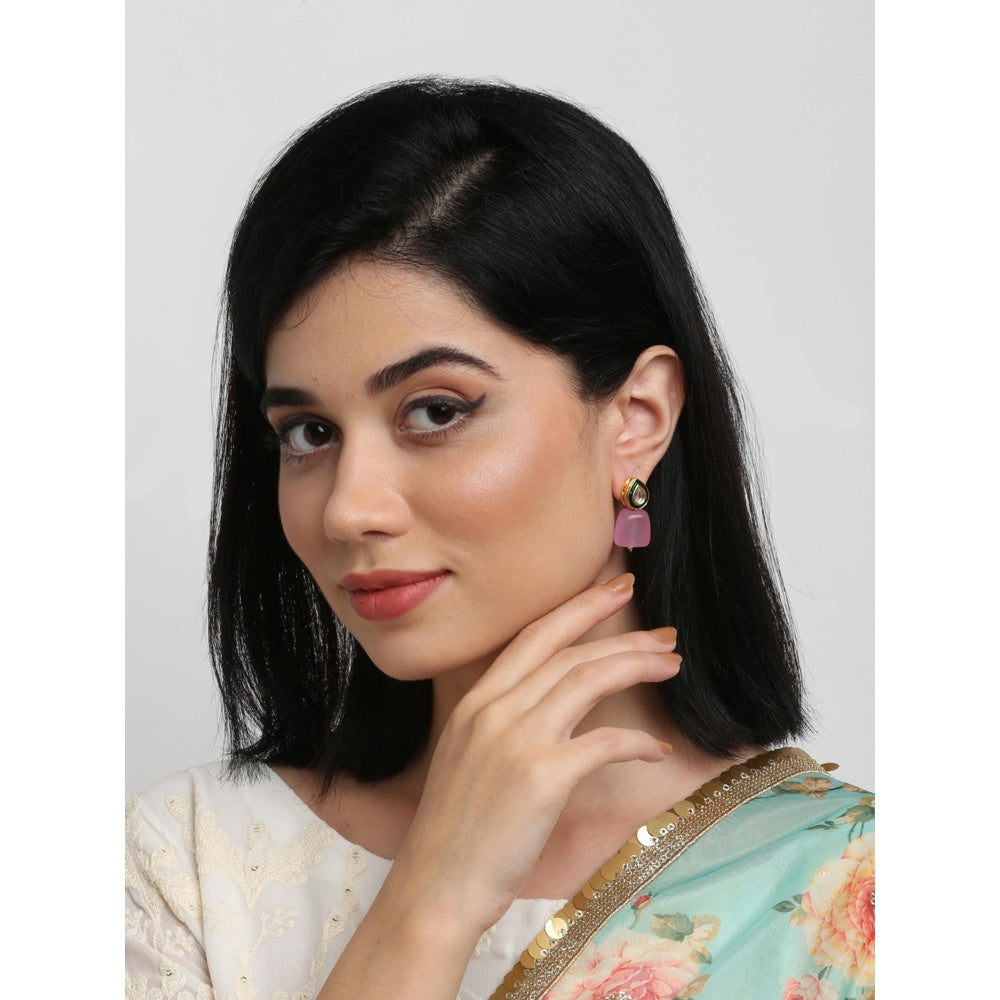 RUBY RAANG STUDIO Pink Gold-Plated Contemporary Kundan Stoned Handcrafted Drop Earrings