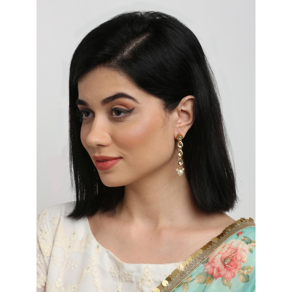 RUBY RAANG STUDIO Gold-Toned Kundan Studded Pearl Beaded Contemporary Drop Earrings