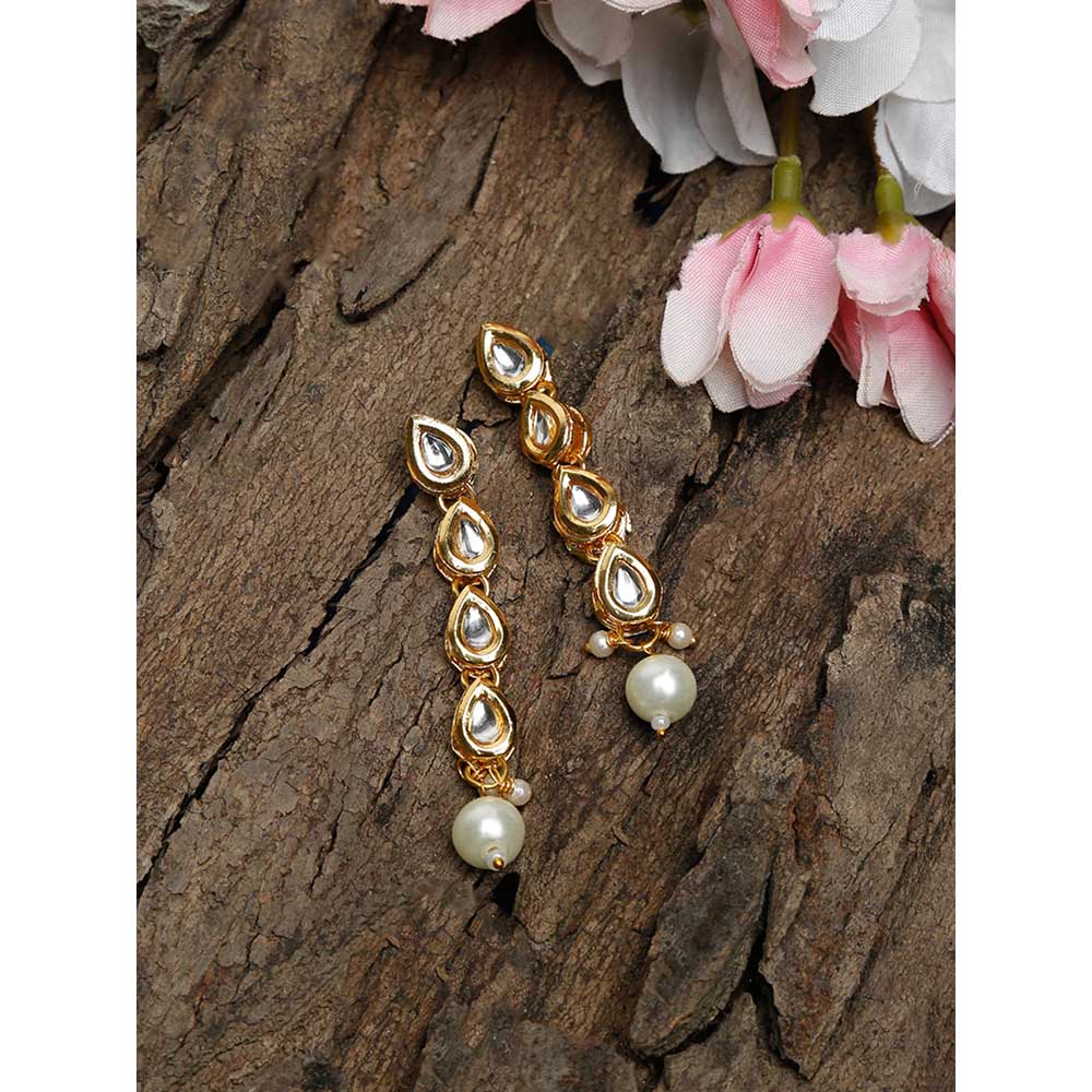 RUBY RAANG STUDIO Gold-Toned Kundan Studded Pearl Beaded Contemporary Drop Earrings
