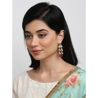 RUBY RAANG STUDIO Women Gold-Toned Maroon Teardrop Shaped Kundan Drop Earrings
