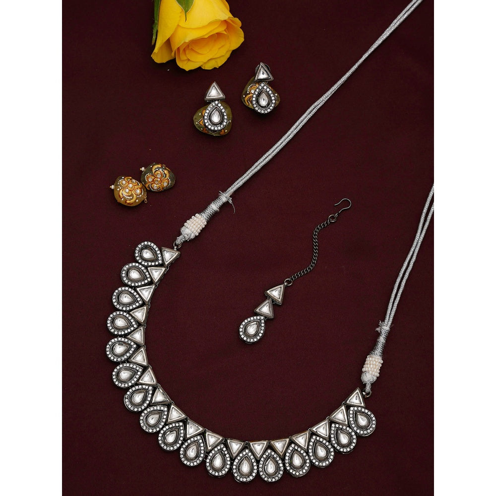 RUBY RAANG STUDIO Dusk Dew Silver Platted Kundan Choker with Earrings and Maang Tikka