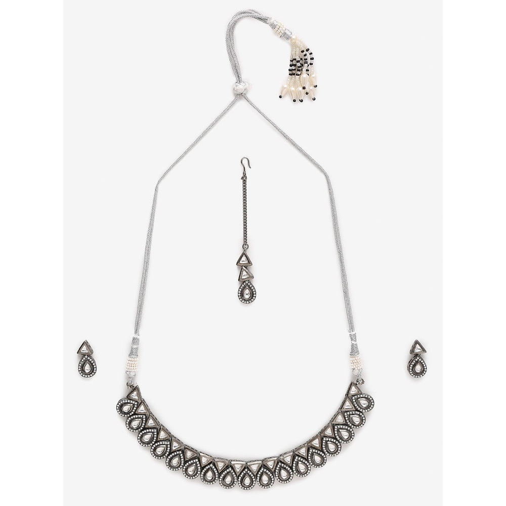 RUBY RAANG STUDIO Dusk Dew Silver Platted Kundan Choker with Earrings and Maang Tikka