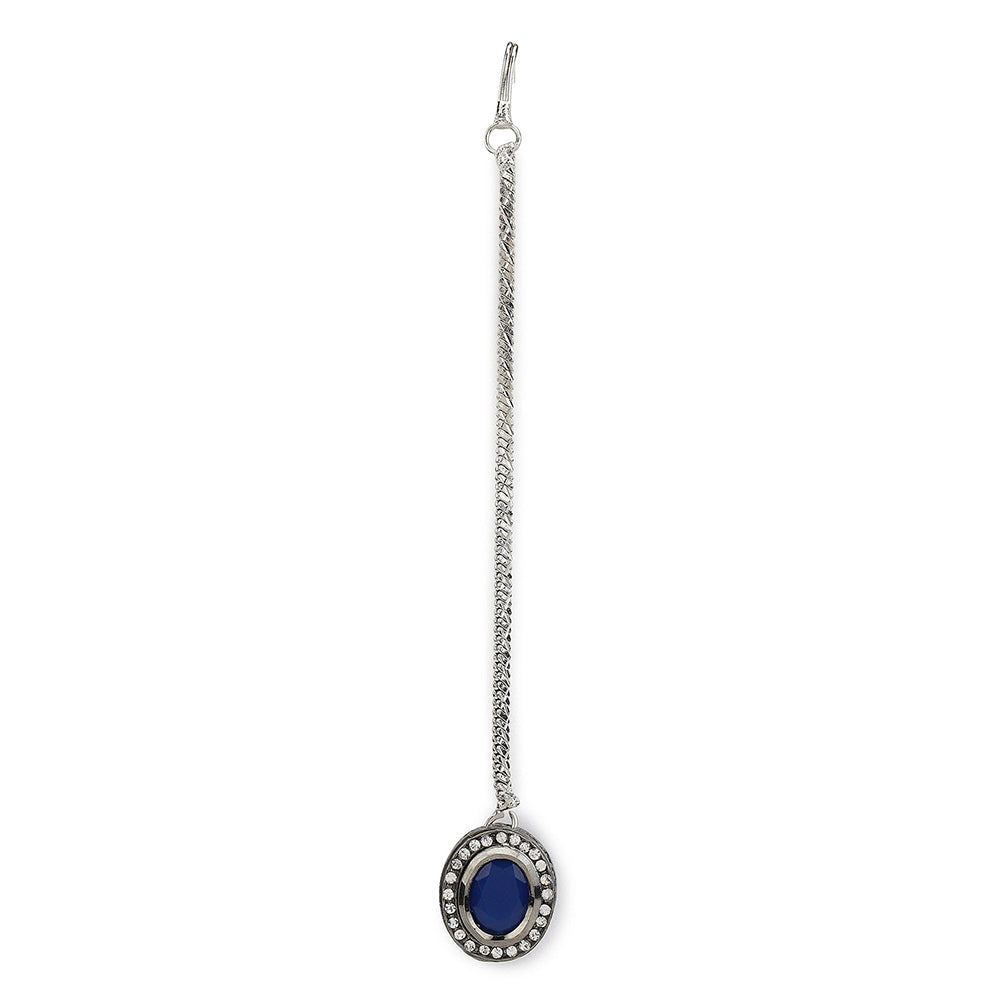 RUBY RAANG STUDIO Nai Fiza Silver and Blue Kundan with American Diamond Detail Maang Tikka
