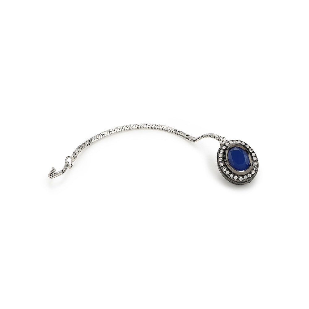 RUBY RAANG STUDIO Nai Fiza Silver and Blue Kundan with American Diamond Detail Maang Tikka
