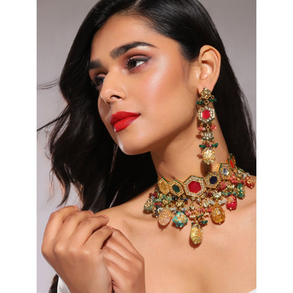 Ruby Raang Studio Handcrafted Multi Beaded Kundan Choker With Long Earrings