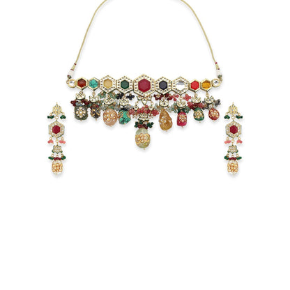 Ruby Raang Studio Handcrafted Multi Beaded Kundan Choker With Long Earrings