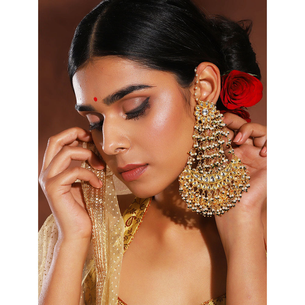 Ruby Raang Studio Chandelier Earrings With Pearl Detailing And Ear Chain