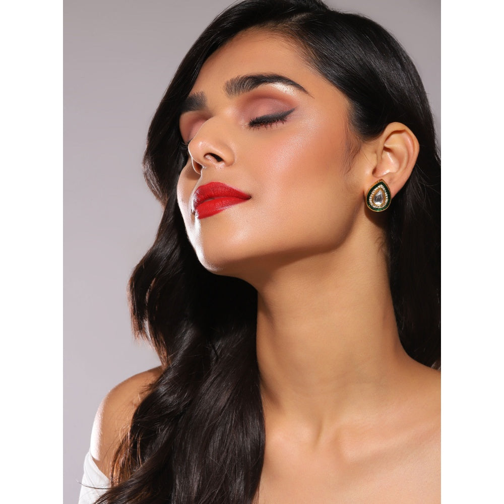 Ruby Raang Studio Green Meenakari And Diamond Detail Kundan Studs