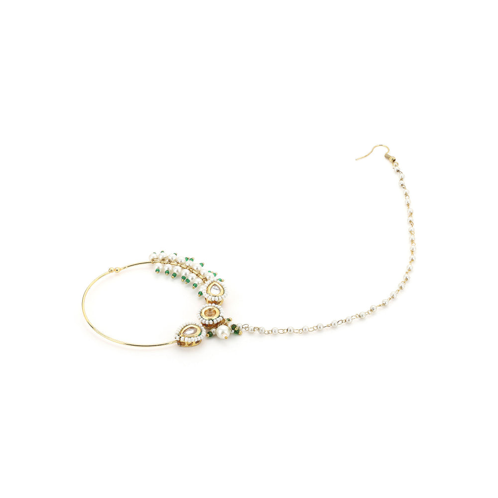 Ruby Raang Studio Maharani Kundan Nose Ring With Pearl Chain