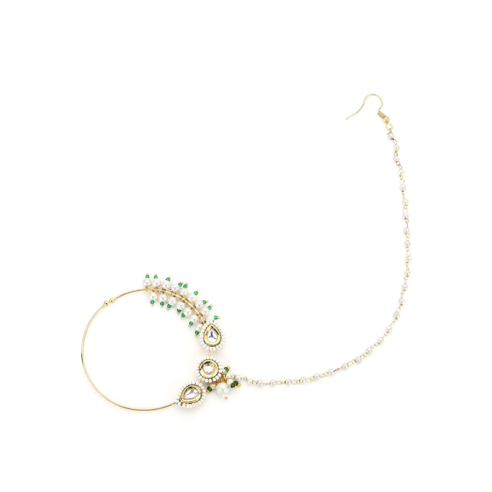 Ruby Raang Studio Maharani Kundan Nose Ring With Pearl Chain