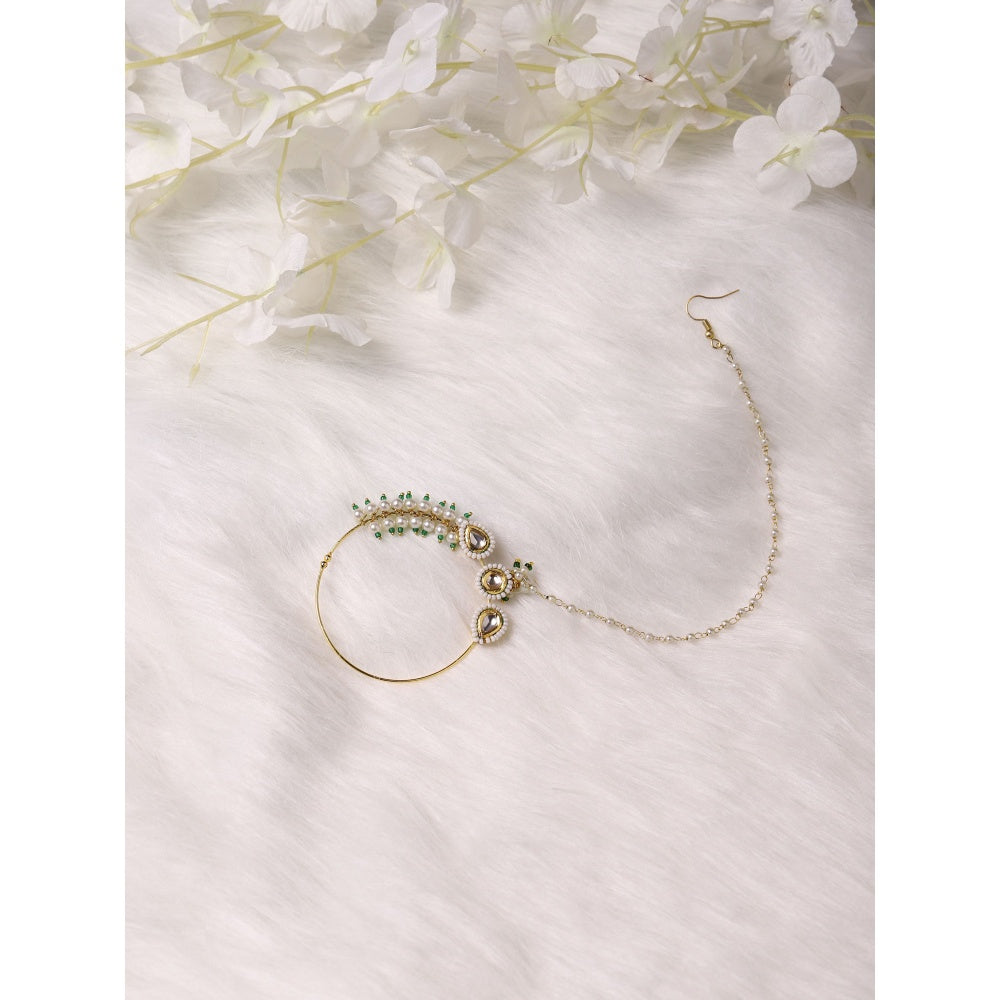 Ruby Raang Studio Maharani Kundan Nose Ring With Pearl Chain