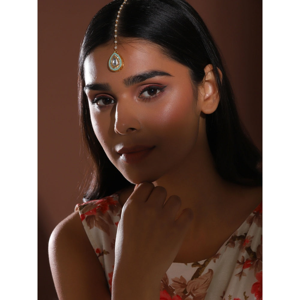 Ruby Raang Studio Blue Kundan Maang Tikka With Pearl Sring