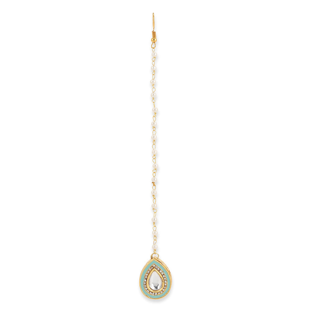 Ruby Raang Studio Blue Kundan Maang Tikka With Pearl Sring