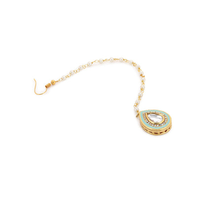 Ruby Raang Studio Blue Kundan Maang Tikka With Pearl Sring