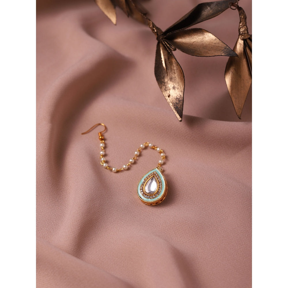 Ruby Raang Studio Blue Kundan Maang Tikka With Pearl Sring
