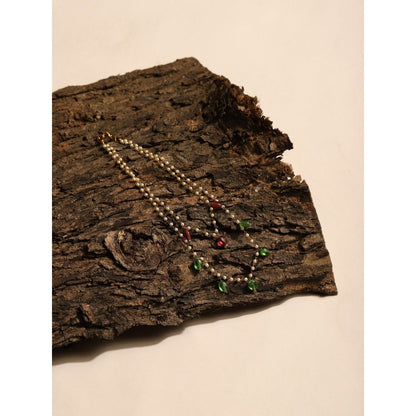 Ruby Raang Studio Red Green Beaded Necklace with Pearls