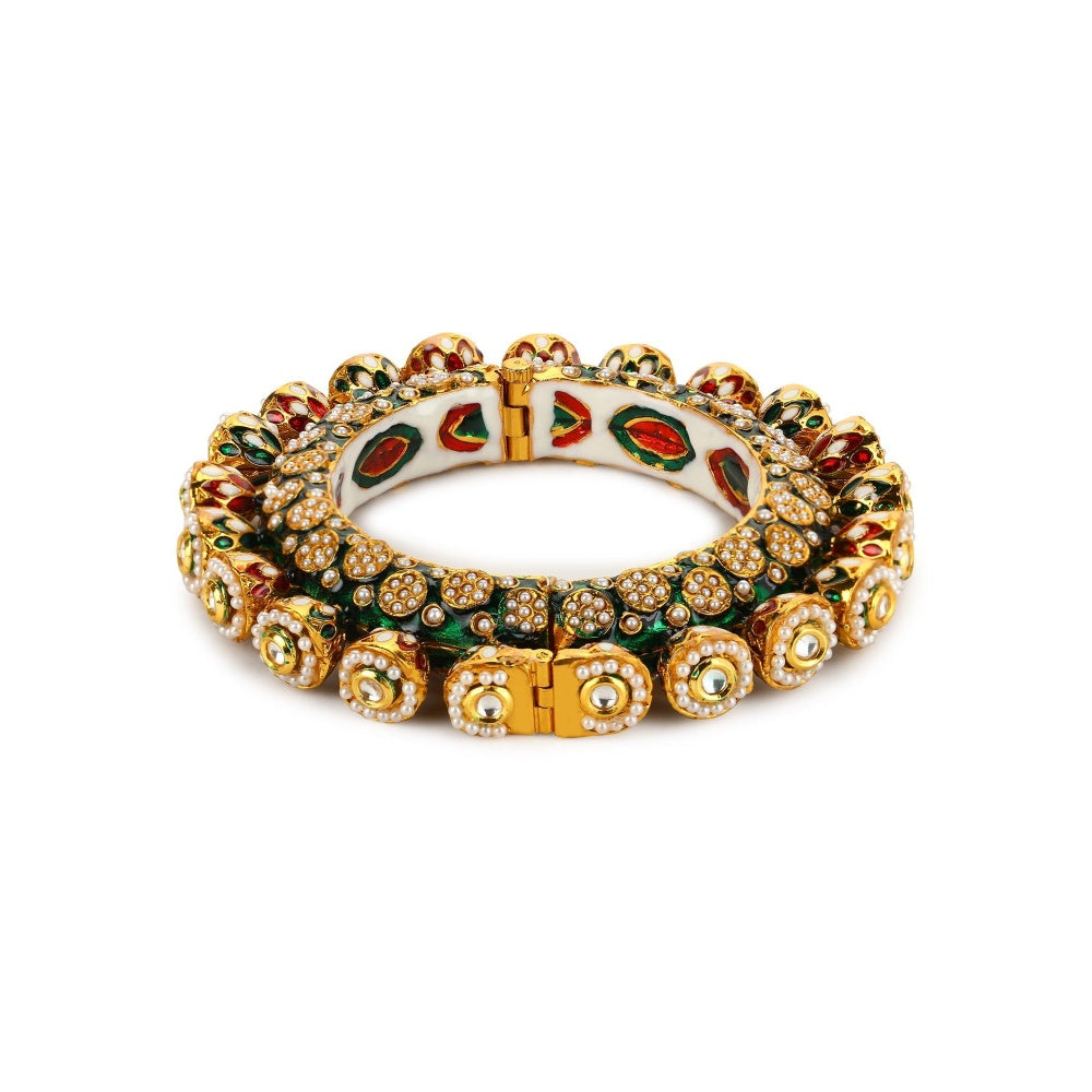 Ruby Raang Studio Green Enamelled Gold Plated Kundan Bangle