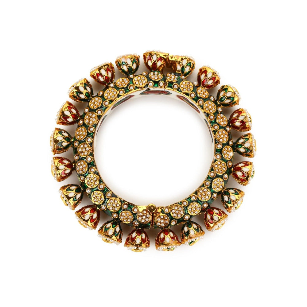 Ruby Raang Studio Green Enamelled Gold Plated Kundan Bangle