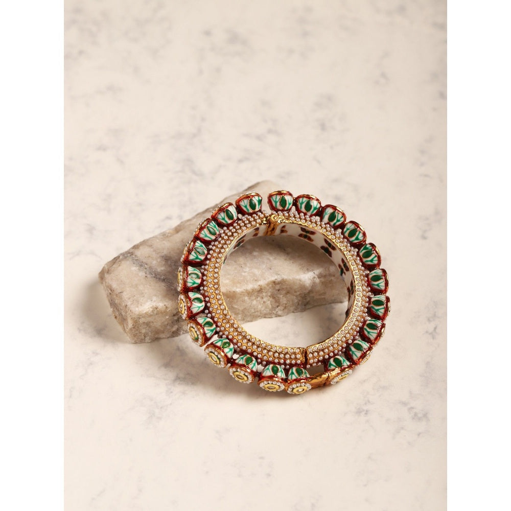 Ruby Raang Studio Green Enamelled Gold Plated Kundan Bangle