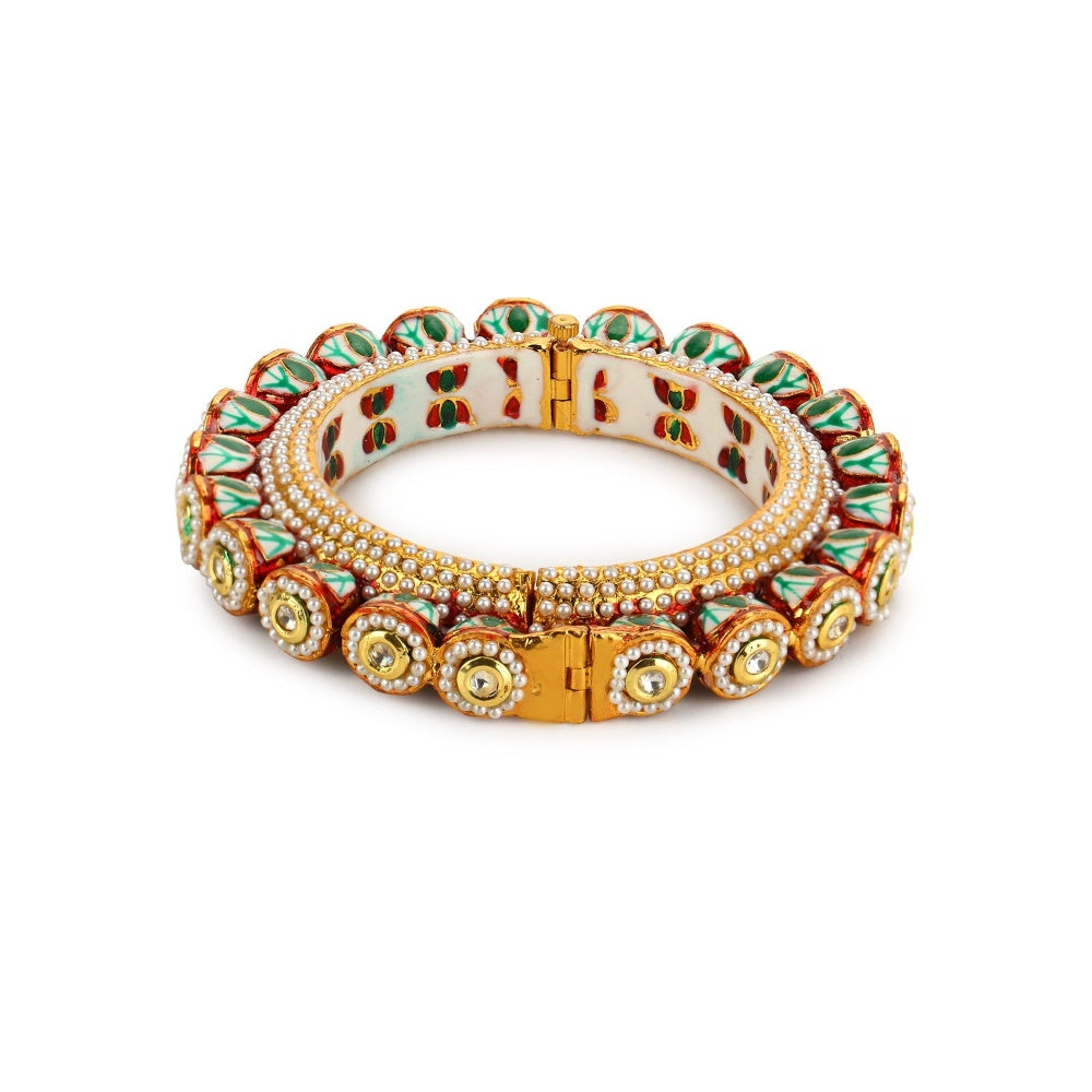 Ruby Raang Studio Green Enamelled Gold Plated Kundan Bangle