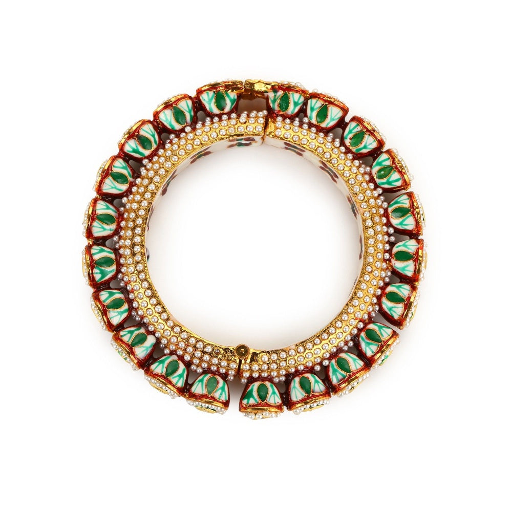 Ruby Raang Studio Green Enamelled Gold Plated Kundan Bangle