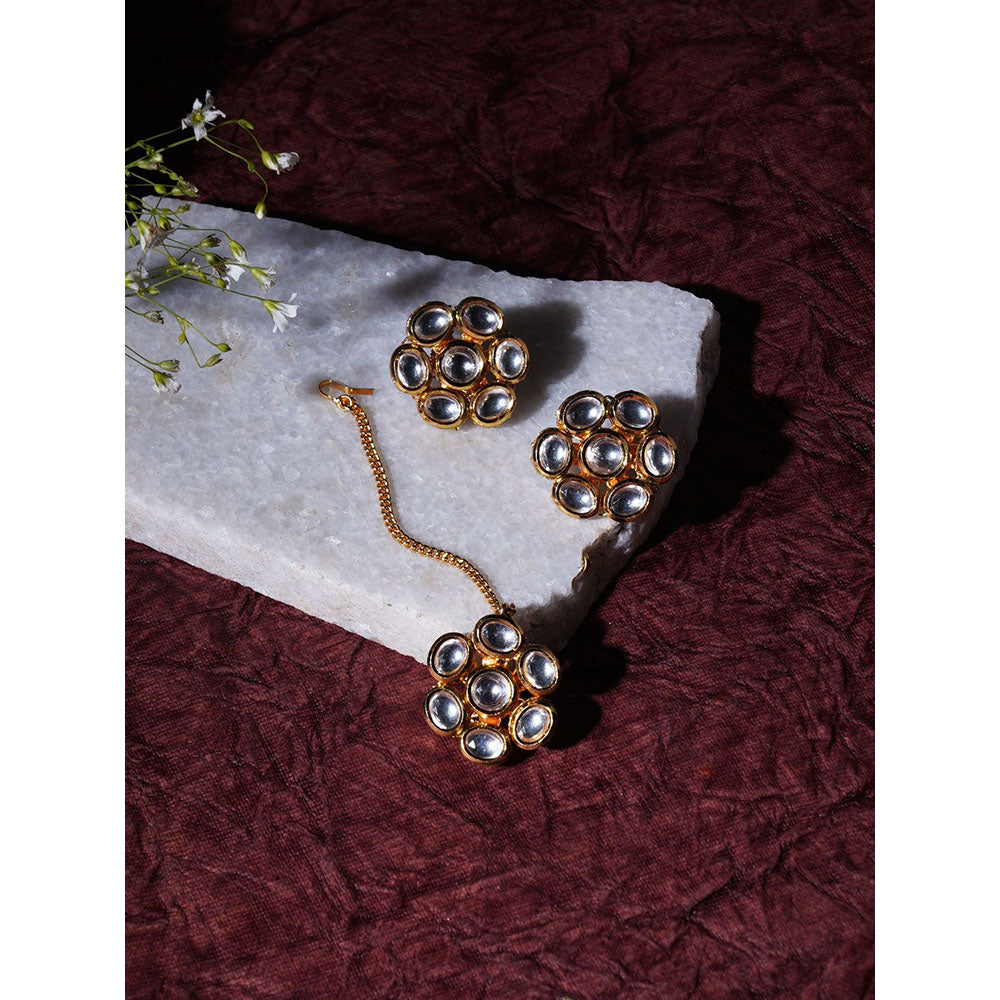 Ruby Raang Studio Kundan Round Maang Tikka with Studs