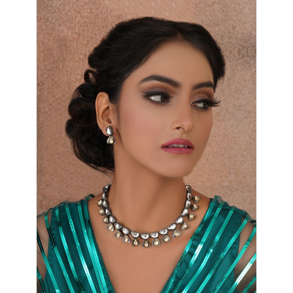 Ruby Raang Studio Dual Tone Kundan Neckpiece with Earrings