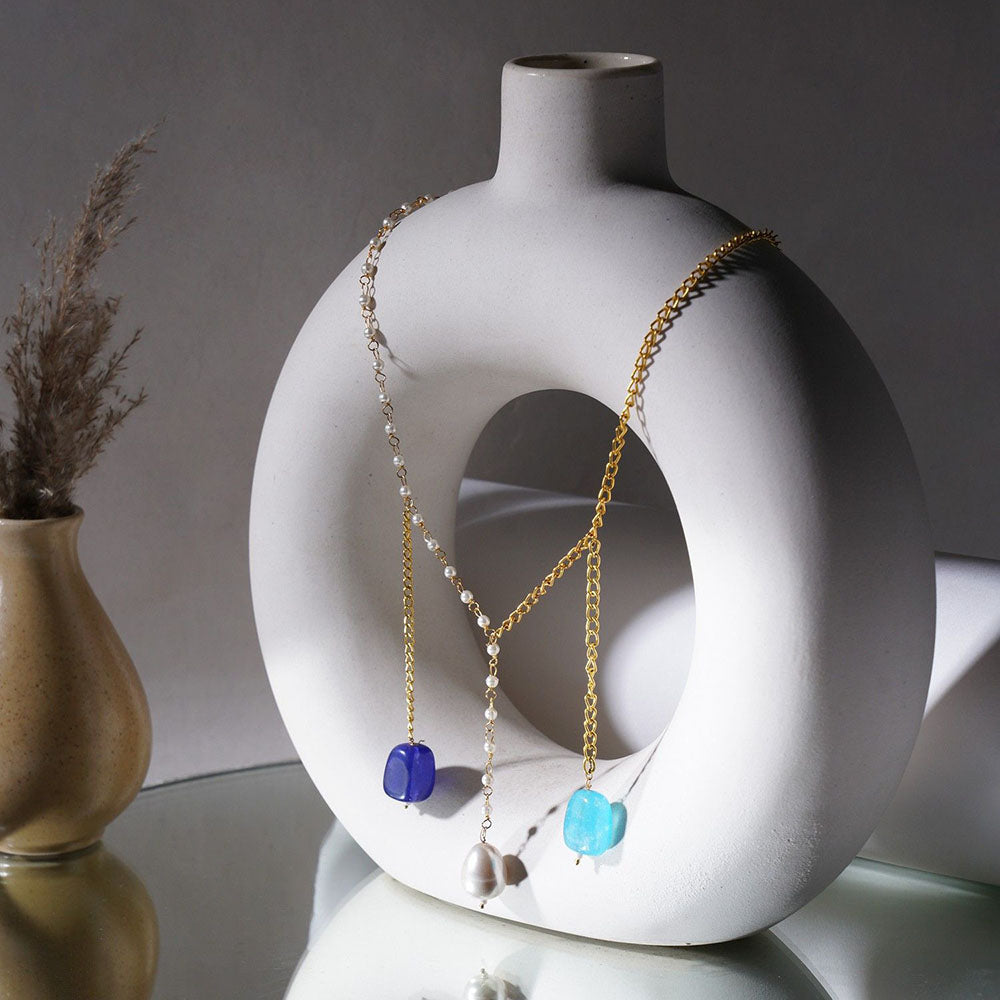 Ruby Raang Studio Long Multi Stone and Gold Chain Neckpiece