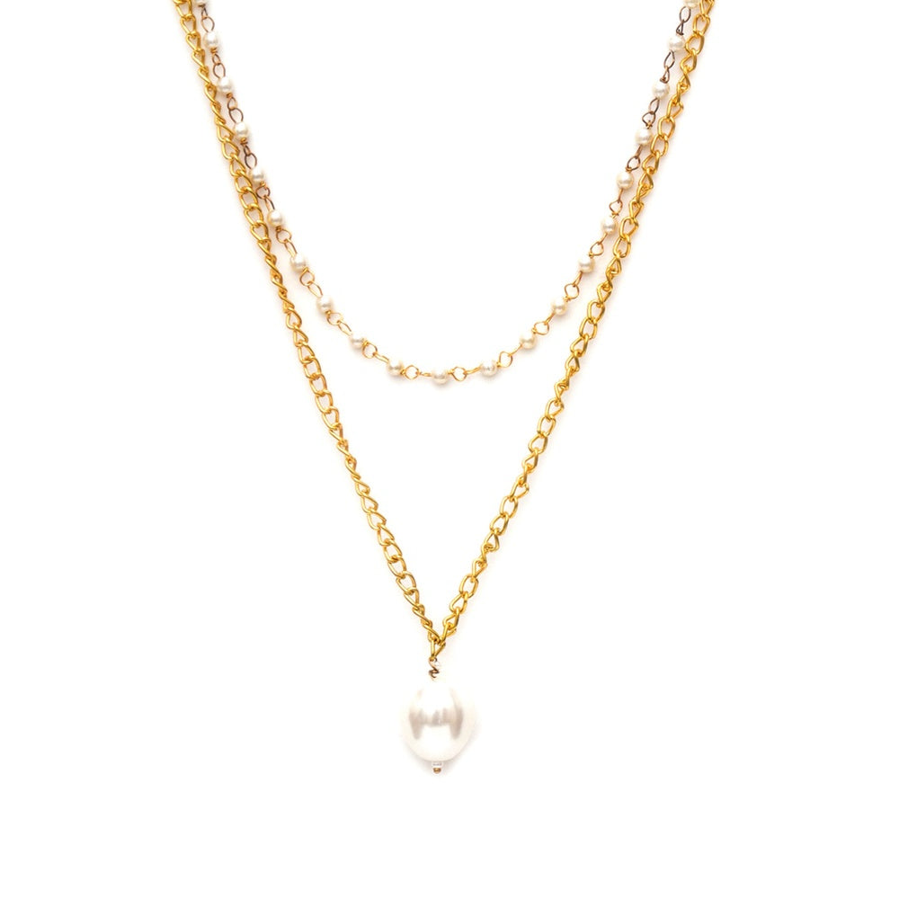Ruby Raang Studio Layered White Pearl and Gold Neckpiece with Emeralds