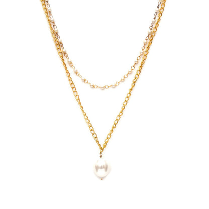Ruby Raang Studio Layered White Pearl and Gold Neckpiece with Emeralds