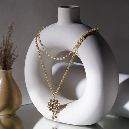 Ruby Raang Studio Layered Kundan and Pearl Gold Neckpiece