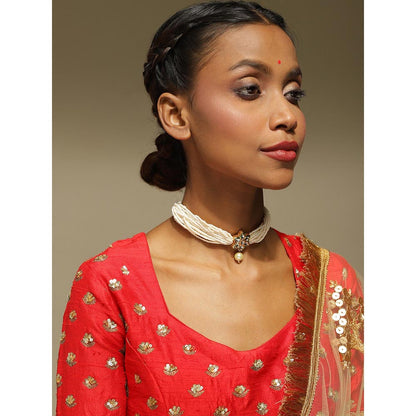 Ruby Raang Studio Gold-Plated White & Green Brass Kundan & Pearls Choker Necklace