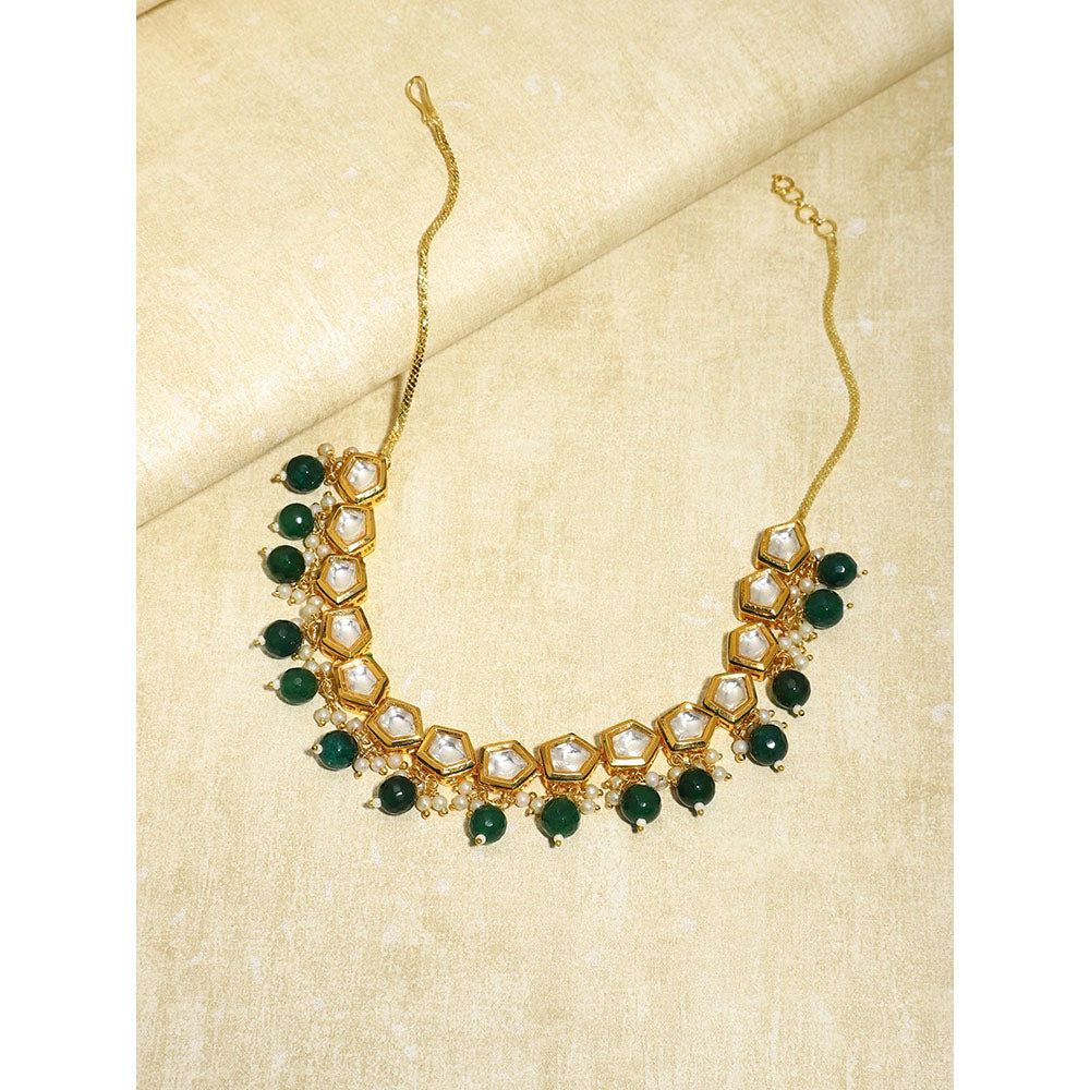 Ruby Raang Studio Gold-Plated White & Green Brass Kundan & Pearls Necklace