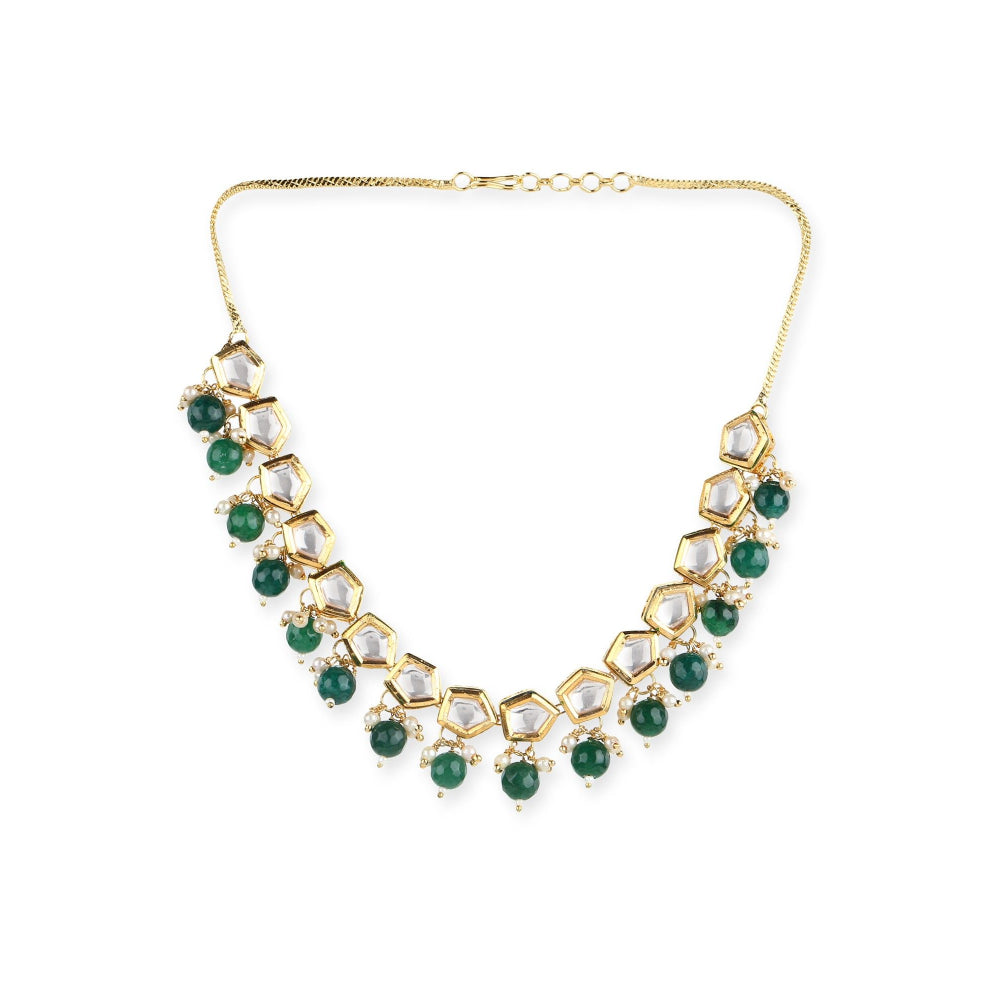 Ruby Raang Studio Gold-Plated White & Green Brass Kundan & Pearls Necklace