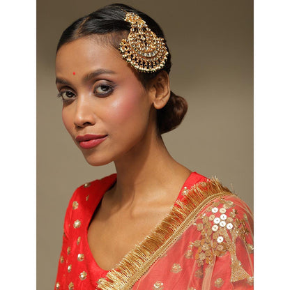 Ruby Raang Studio Gold Plated Kundan Studded Maang Tikka Jhoomar
