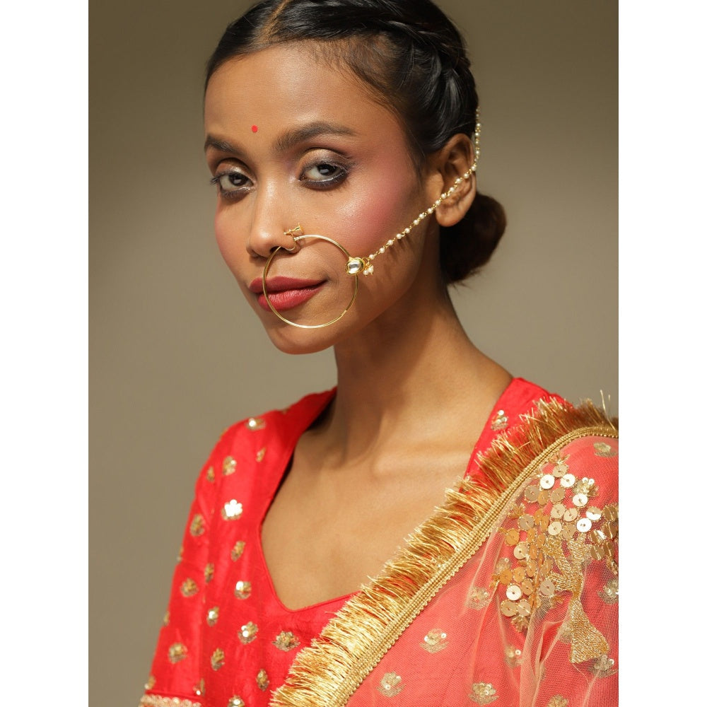 Ruby Raang Studio Gold-Toned & White Kundan Nath