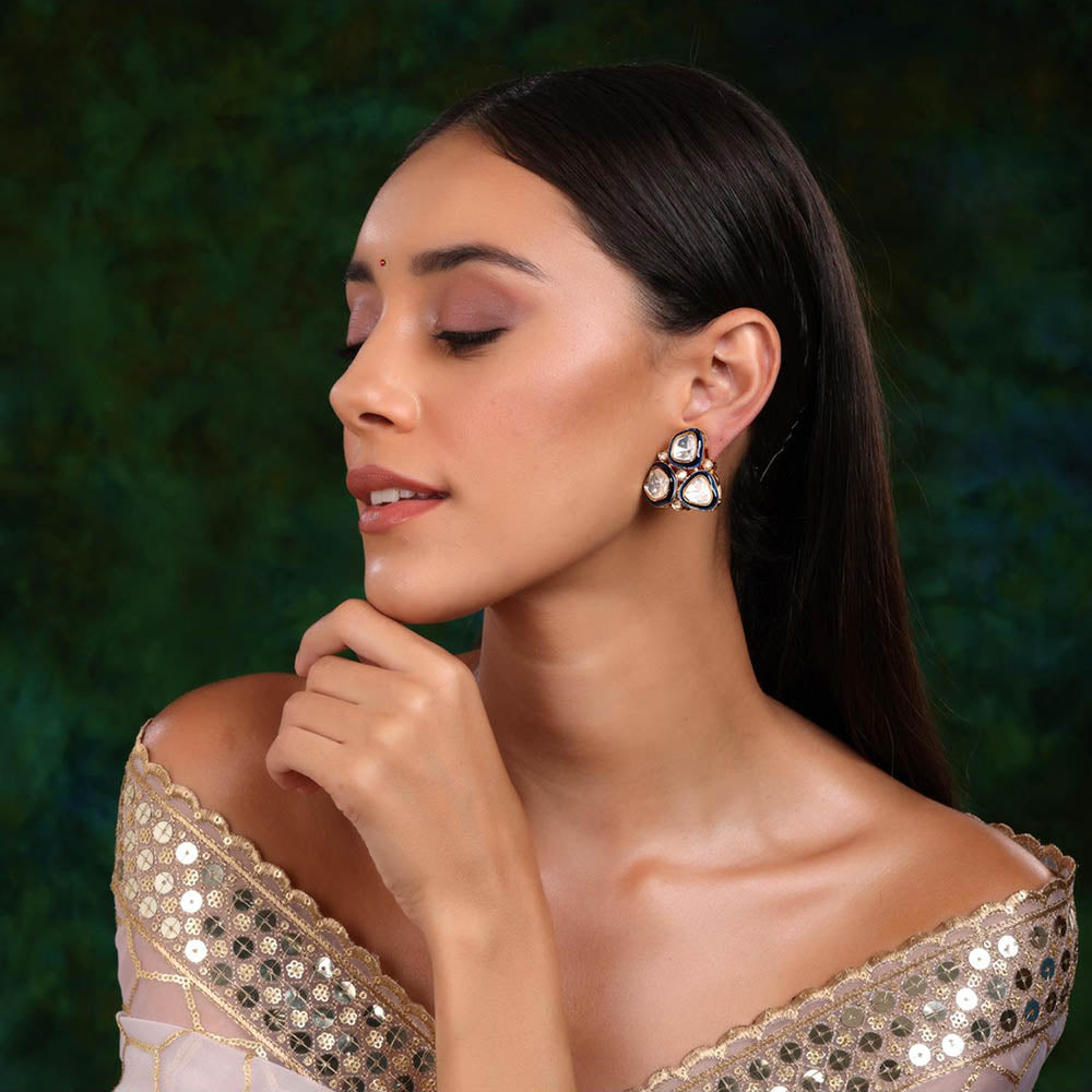 Ruby Raang Studio Three Stone Blue Meenakari Kundan Earrings