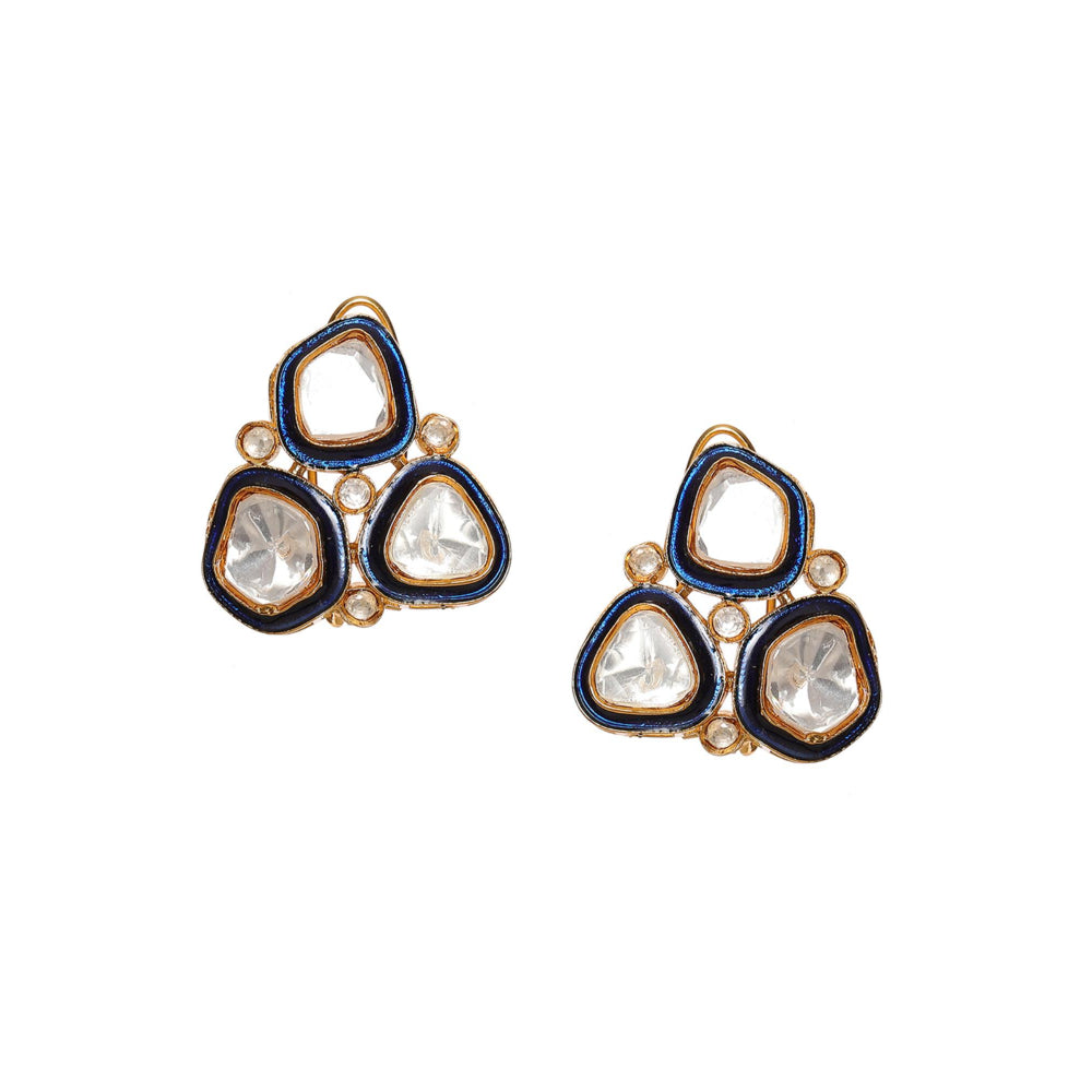 Ruby Raang Studio Three Stone Blue Meenakari Kundan Earrings