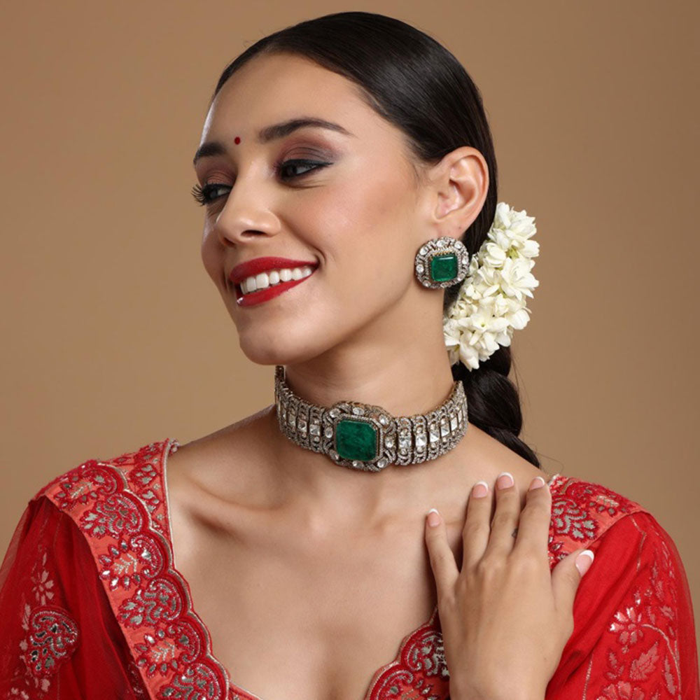 Ruby Raang Studio Emerald Stone with Diamonds and Moissanite Choker and Studs