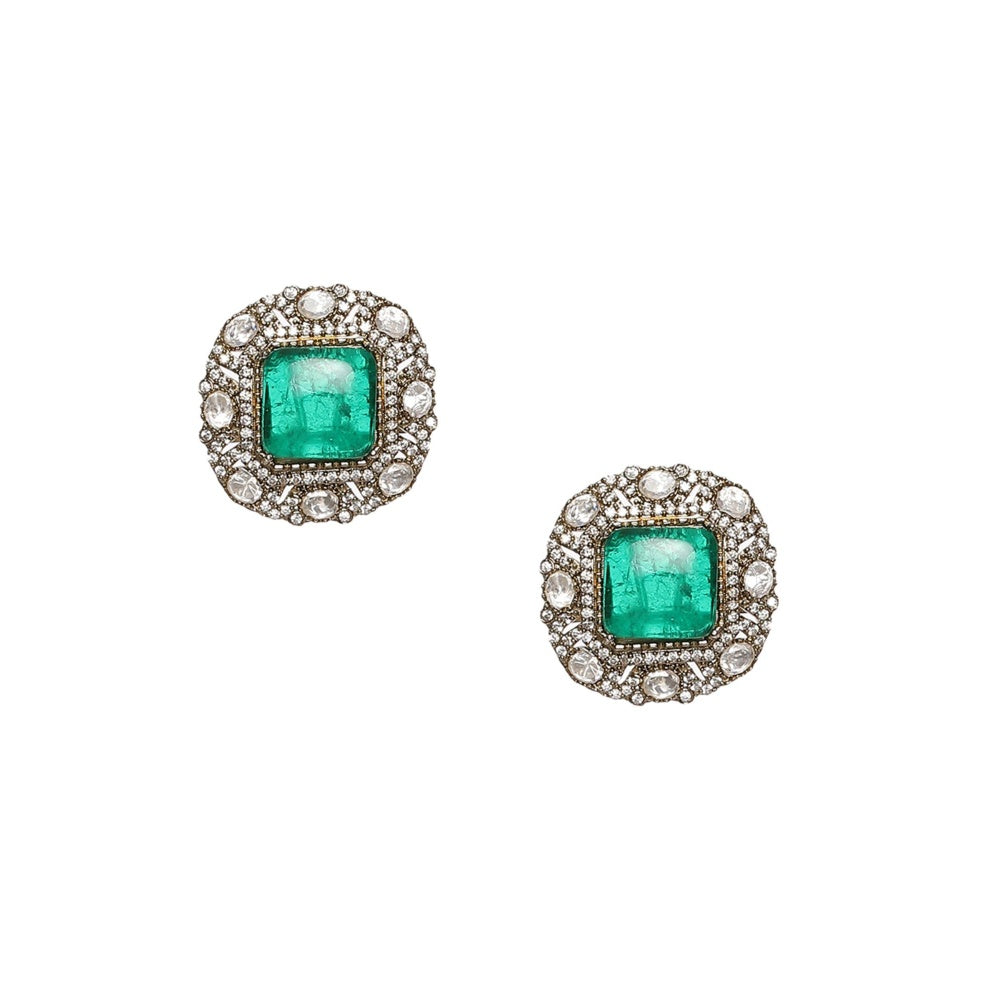 Ruby Raang Studio Emerald Stone with Diamonds and Moissanite Choker and Studs
