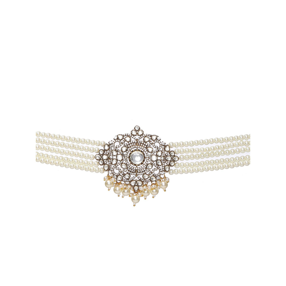 Ruby Raang Studio Kundan and Moissanite Choker In Pearls Necklace with Matching Jhumki Earrings