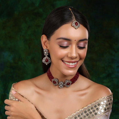 Ruby Raang Studio Maroon Onyx Stone & Moissanite Necklace with Matching Earrings and Maang Tikka