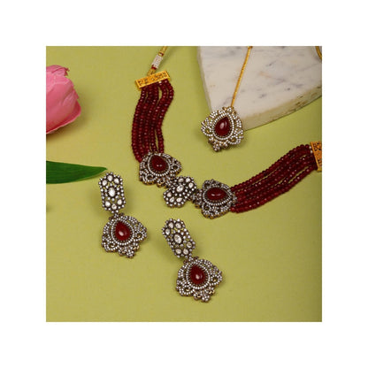 Ruby Raang Studio Maroon Onyx Stone & Moissanite Necklace with Matching Earrings and Maang Tikka