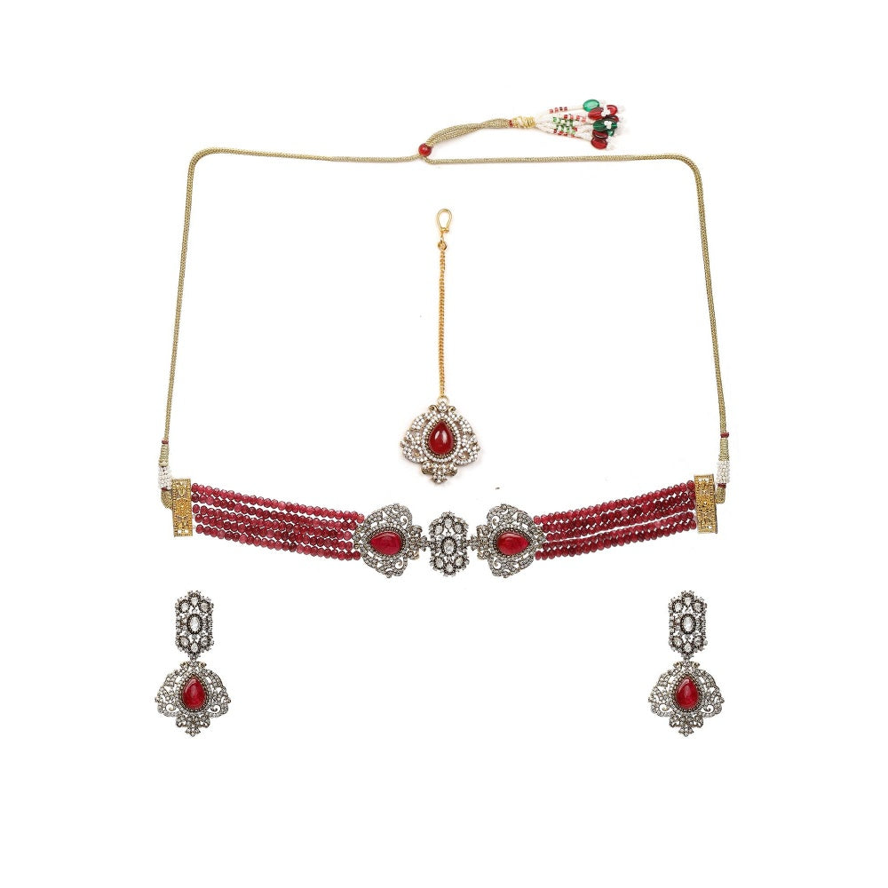 Ruby Raang Studio Maroon Onyx Stone & Moissanite Necklace with Matching Earrings and Maang Tikka